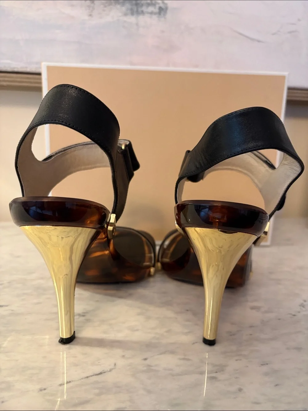 Michael Kors Black Leather Lani Sandals with Gold Accents size 9